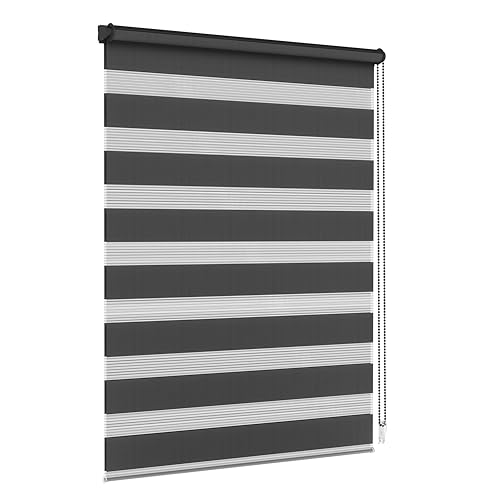 Jalousiescout Doppelrollo Klemmfix ohne Bohren & mit Bohren, 52,5x120cm Schwarz Rollo Fensterrollo lichtdurchlässig & verdunkelnd，Sonnenschutzrollo Zebrarollo für Fenster & Türen von Jalousiescout