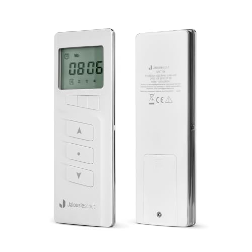 Jalousiescout Funkhandsender 4-Kanal MKT 04 Funksteuerung Fernbedienung, 434,92 MHz, Integrierte Zeitschaltuhr mit Wochenprogramm, LCD Display, kabellos, inkl. Wandhalterung von Jalousiescout