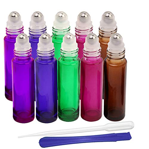 JHD Glasflaschen mit Roller, 10 ml, nachfüllbar, für ätherische Öle, Aromatherapie, Duft, mit Flaschenöffner und Pipette, ideal für Zuhause und unterwegs (5 Farben) von JamHooDirect