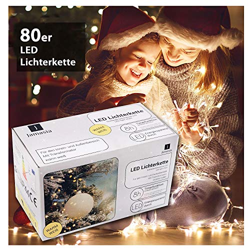 Jamasia 999101 - LED Lichterkette mit 80 LED Lämpchen, warm weiß, mit Trafo und 8 Stunden Timerfunktion, für Innen und Außen, grünes Kabel Länge 15,90 m, Zuführung 8 m, LED Abstand 10 cm, GS geprüft von Jamasia