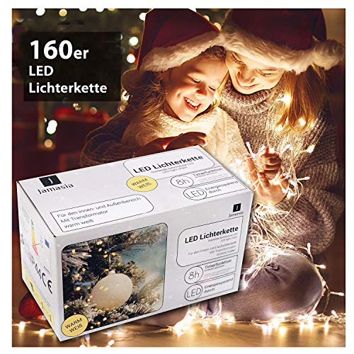 Jamasia 999102 - LED Lichterkette mit 160 LED Lämpchen, warm weiß, mit Trafo und 8 Stunden Timerfunktion, für Innen und Außen, grünes Kabel Länge 23,90 m, Zuführung 8 m, LED Abstand 10 cm, GS geprüft von Jamasia