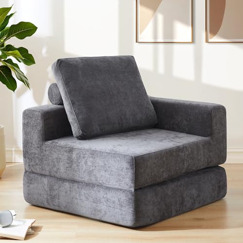 Jamdok 20 cm dickes, umwandelbares Klappschlafsofa, Einzel-Gästeschläfer mit L-förmiger Armlehne, freistehender Stuhl für Wohnzimmer, Schlafzimmer, Büro, Wohnung, Dunkelgrau (1, linke Armlehne) von Jamdok