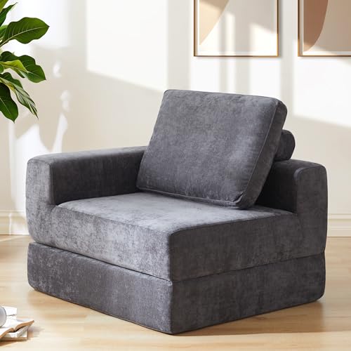 Jamdok 20 cm dickes, umwandelbares Klappschlafsofa, Einzel-Gästeschläfer mit L-förmiger Armlehne, freistehender Stuhl für Wohnzimmer, Schlafzimmer, Büro, Wohnung, Dunkelgrau (1, rechte Armlehne) von Jamdok