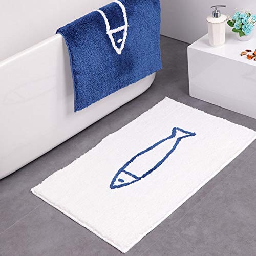 JameStyle26 Badematte antirutsch Fußmatte Blau Weiß Fisch Fish Motiv Badezimmermatte rutschfest Duschmatte schnelltrocknend Küchenmatte Badezimmer Teppich Matte (50 x 80 cm, Weiß) von JameStyle26