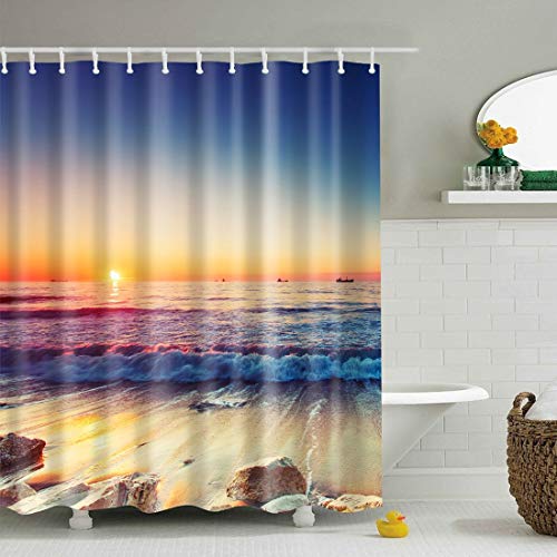 JameStyle26 Duschvorhang Vorhang Digitaldruck inkl. Vorhangringe Anti Schimmel Strand Beach Orient Tier Motiv Badezimmer Badewanne waschbar (Sonne, 180 x 200 cm) von JameStyle26