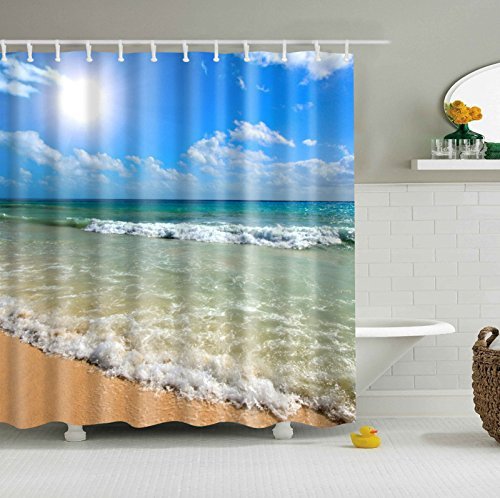 JameStyle26 Duschvorhang Vorhang Digitaldruck inkl. Vorhangringe Anti Schimmel vers. Motiven Badezimmer Badewanne (Beach #2, 180 x 200 cm) von JameStyle26
