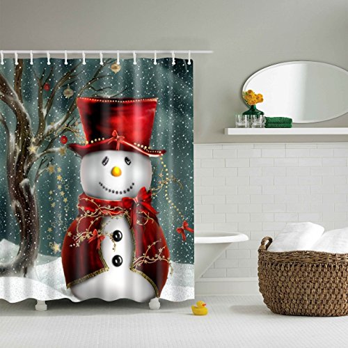 JameStyle26 Duschvorhang Weichtsmann Tannenbaum Schneemann Xmas Weihnachtsbaum Vorhang Digitaldruck inkl. Vorhangringe Anti Schimmel Badezimmer Badewanne waschbar (180 x 200 cm, Schneemann) von JameStyle26
