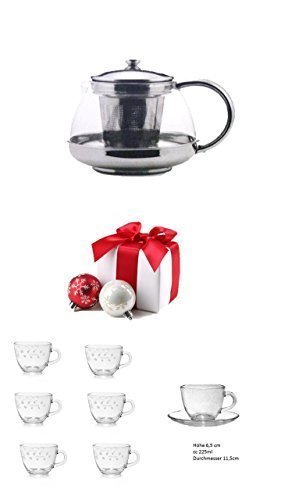 12tlg. Set Glas Tasse Untertasse 225ml Kaffee Cappuccino Glastassen Geschirr klar + Teekanne mit Edelstahleinsatz 750 ml von James Premium