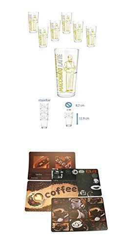 6er Set Latte Macchiato Glas 35cl stapelbar Coffee Dekor + Tischunterlagen-Set 4-teilig, abwaschbar, Tischset, Platzset … von James Premium