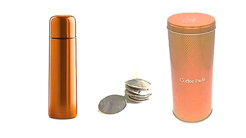 James Premium Kaffeepad-Dose, Blech, Mehrfarbig, Ø 9 cm, Höhe ca. 20 cm Sie erhalten 1 Dose Orange + Padheber plus Thermoskanne 500ml von James Premium