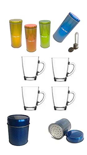 Kaffee-Paddosen Set + plus 4 Padlifter + Schoko/Zuckerstreuer Metallic Blau + 4 Gläser mit Henkel von James Premium