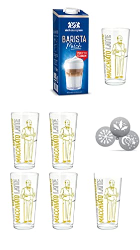 Weihenstephan Barista Milch 3% Fett, haltbare Vollmilch mit Drehverschluss 1l, Milch + + 6 Latte Gläser 350ml + 3 Edelstahlschablonen Weihnachten von James Premium