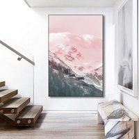 Rosa Schneebedeckte Berge Leinwand Malerei, Schnee Berg Poster, Rosa Landschaftsbilder, Malerei Mit Holz Gedehnter Rahmen von JamesGallary