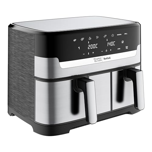 Jamie Oliver by Tefal Dual Drawer Heißluftfritteuse, Doppelkammer, 2 unabhängige Garzonen, 8 automatische Programme, 8,3 L Gesamtfüllmenge, Schwarz/Edelstahl, EY90JDE1 von Jamie Oliver by Tefal
