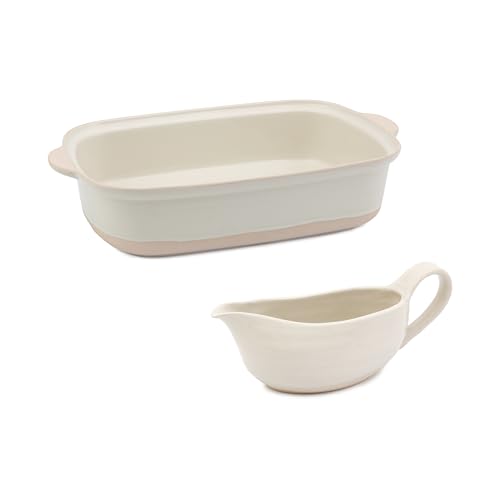 Jamie Oliver Big Love Epic Bräter-Set, Steingutbräter, Seitengriffe, 39 x 25 x 8 cm, weiße Steingut-Sauciere, mikrowellen-, spülmaschinen-, backofenfest, 23 x 8 x 10 cm, 400 ml von Jamie Oliver