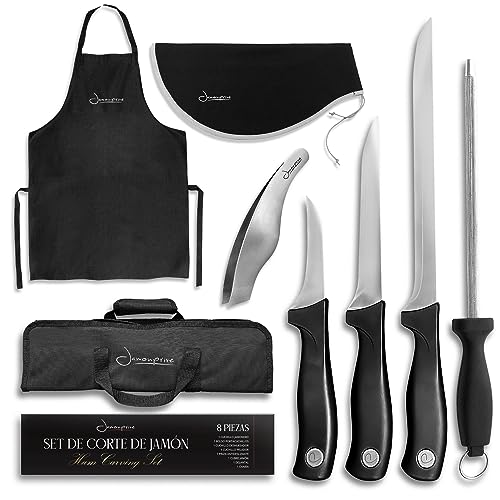 Schinkenmesser- Set Messerhaltertasche, Messer, Stößelmesser, Puntilla-Messer, Wetzstahl, Pinzette, Schürze & Schinkenabdeckung - Professionelles zum Tranchieren von Serrano und Iberico Schinken von Jamonprive