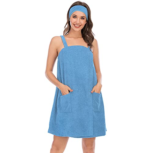 Jamron Damen Verstellbarer Handtuch Wickel Bademantel mit Stirnband für Sport, Dusche, Spa & Strand Cover Ups Blau XL von Jamron