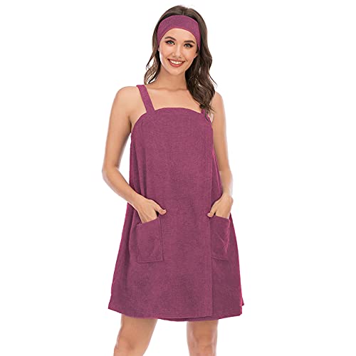 Jamron Damen Verstellbarer Handtuch Wickel Bademantel mit Stirnband für Sport, Dusche, Spa & Strand Cover Ups Fuchsie S von Jamron