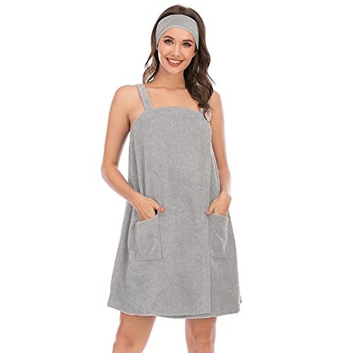 Jamron Damen Verstellbarer Handtuch Wickel Bademantel mit Stirnband für Sport, Dusche, Spa & Strand Cover Ups Grau L von Jamron