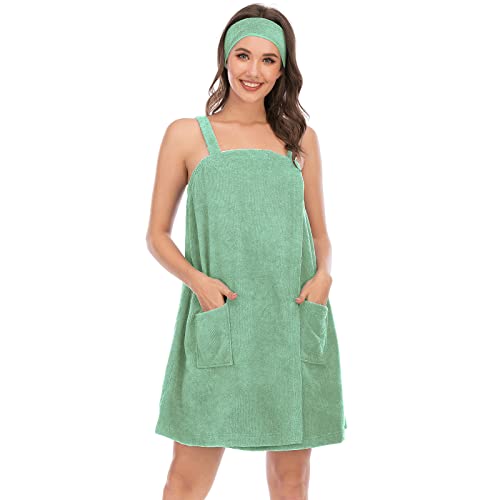 Jamron Damen Verstellbarer Handtuch Wickel Bademantel mit Stirnband für Sport, Dusche, Spa & Strand Cover Ups Grün S von Jamron