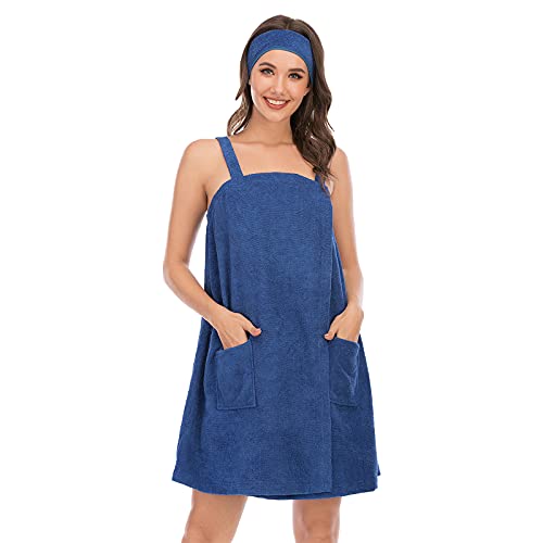 Jamron Damen Verstellbarer Handtuch Wickel Bademantel mit Stirnband für Sport, Dusche, Spa & Strand Cover Ups Marineblau XXL von Jamron