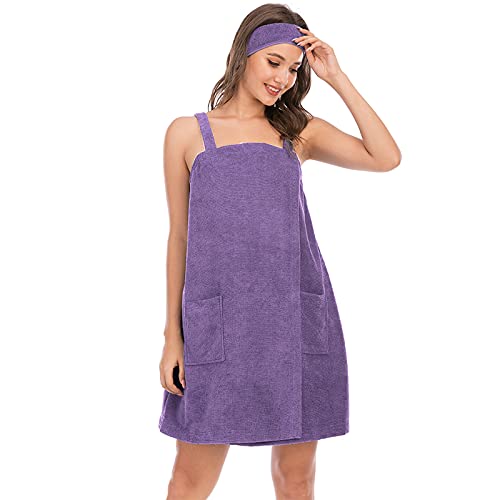 Jamron Damen Verstellbarer Handtuch Wickel Bademantel mit Stirnband für Sport, Dusche, Spa & Strand Cover Ups Violett L von Jamron