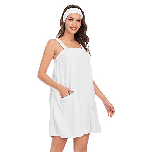 Jamron Damen Verstellbarer Handtuch Wickel Bademantel mit Stirnband für Sport, Dusche, Spa & Strand Cover Ups Weiß L von Jamron