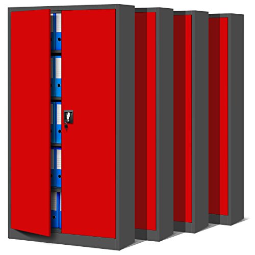 Jan Nowak 4er Set Aktenschrank C001 Metallschrank Stahlschrank Werkzeugschrank Büroschrank Lagerschrank Universalschrank Pulverbeschichtung Flügeltüren 185 cm x 90 cm x 40 cm (anthrazit/rot) von Jan Nowak