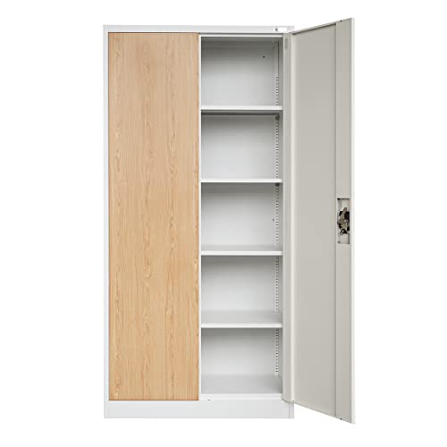 Jan Nowak Aktenschrank C001H Büroschrank Metallschrank Stahlschrank Werkzeugschrank Stahlblech Pulverbeschichtet Flügeltürschrank Abschließbar 195 cm x 90 cm x 40 cm (Weiß-Holzoptik) von Jan Nowak