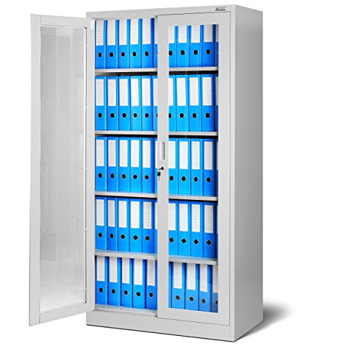 Aktenschrank C012 Glasvitrine Büroschrank Universalschrank Flügeltürschrank Stahlblech Pulverbeschichtung abschließbar 185 cm x 90 cm x 40 cm (Grau) von Jan Nowak