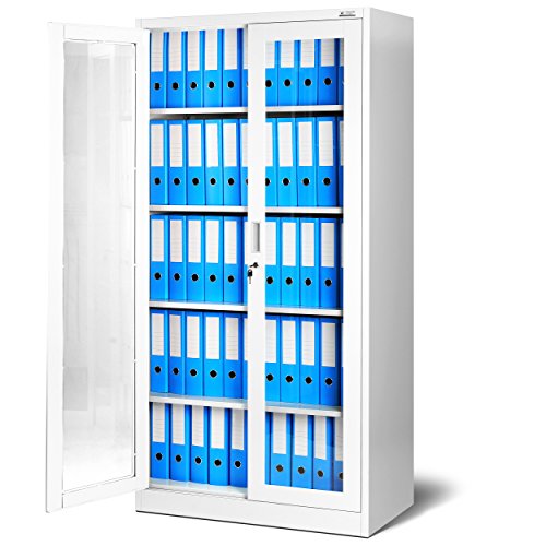 Aktenschrank C012 Glasvitrine Büroschrank Universalschrank Flügeltürschrank Stahlblech Pulverbeschichtung abschließbar 185 cm x 90 cm x 40 cm (Weiß) von Jan Nowak