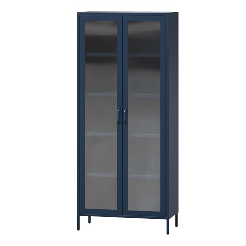 Jan Nowak 2-türiger Vitrinenschrank - Angelo | 80 x 185 x 45 cm | 4 Verstellbare Ablagen, Gehärtetes Glas, Wandmontage | Glasvitrine Stehend, Vitrine Glas, Wohmzimmerschrank Glitzernd | Dunkelblau von Jan Nowak