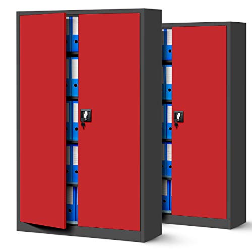 Jan Nowak 2er Set Aktenschrank XXL C001II Büroschrank Metallschrank Flügeltüren Stahlblech Pulverbeschichtung 185 cm x 115 cm x 40 cm (anthrazit/rot) von Jan Nowak