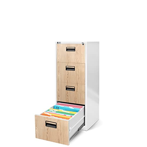 Jan Nowak Hängeregistraturschrank V004A Hängemappenschrank Hängeregisterschrank Aktenschrank mit 4 Schubladen Pulverbeschichtung Stahlblech 132 cm x 46 cm x 62 cm (H x B x T) (Weiß/Holzoptik) von Jan Nowak