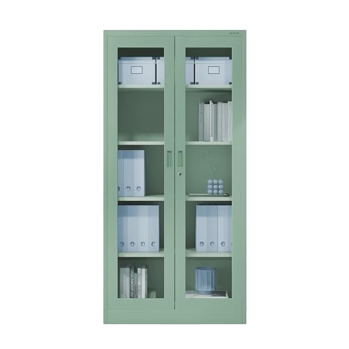 Jan Nowak Metallschrank mit Glasvitrine Aktenschrank Büroschrank Aufbewahrungsschrank 4 verstellbare Fachböden Sicherheitszylinderschloss Pulverbeschichtung 185 cm x 90 cm x 40 cm (Pastellgrün) von Jan Nowak