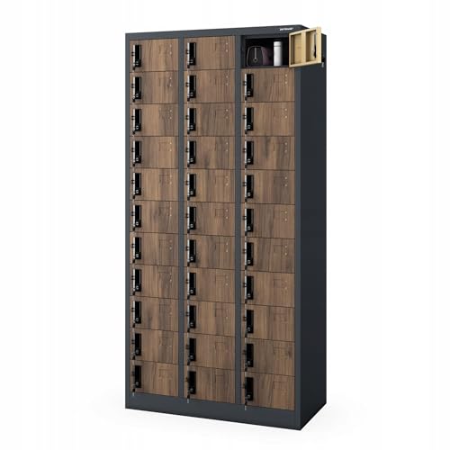 Jan Nowak Schließfachschrank 3B11A mit 33 Fächern Metallschrank Wertfachschrank Fächerschrank Spind Metall Pulverbeschichtung 185 cm x 90 cm x 45 cm (Anthrazit-Holz) von Jan Nowak