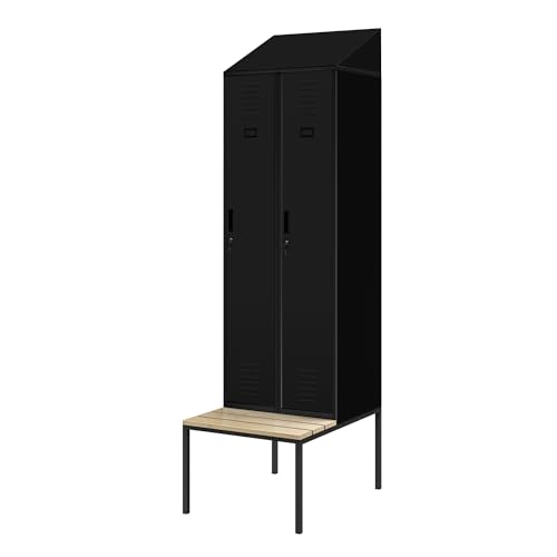 Jan Nowak Spind Umkleidespind Umkleideschrank Spindschrank Schließfachschrank mit Sitzbank Lüftungsschlitze Pulverbeschichtet 180 cm x 60 cm x 50 cm (Schwarz) von Jan Nowak