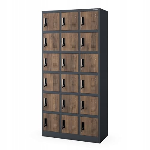 Jan Nowak Umkleideschrank 3B6A Fächerschrank Schließfachschrank mit 18 Fächern Metall Pulverbeschichtung 185 cm x 90 cm x 40 cm (Anthrazit-Holz) von Jan Nowak