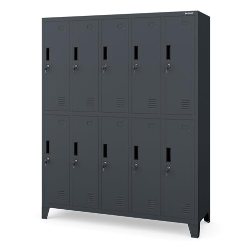 Jan Nowak Umkleideschrank 5B2A Spind Spint Schließfachschrank Metallschrank mit 10 Fächern Etikettenhalter Lüftungsschlitze Metall Pulverbeschichtet 172 cm x 136 cm x 45 cm (H x B x T) (Anthrazit) von Jan Nowak