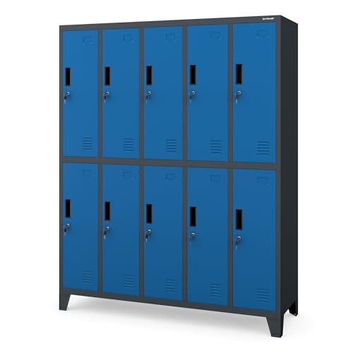 Jan Nowak Umkleideschrank 5B2A Spind Spint Schließfachschrank Metallschrank mit 10 Fächern Etikettenhalter Lüftungsschlitze Metall Pulverbeschichtet 172 cm x 136 cm x 45 cm (H x B x T) (Anthrazitblau) von Jan Nowak