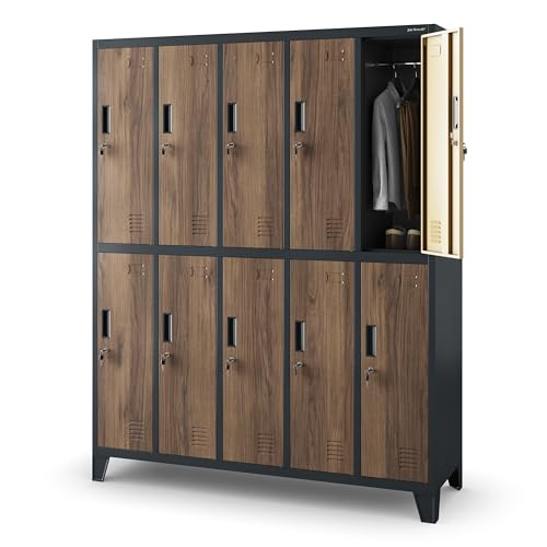 Jan Nowak Umkleideschrank 5B2A Spind Spint Schließfachschrank Metallschrank mit 10 Fächern Etikettenhalter Lüftungsschlitze Metall Pulverbeschichtet 172 x 136 x 45 cm (H x B x T) (Anthrazit-Holzoptik) von Jan Nowak