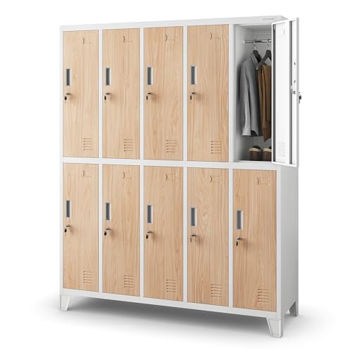 Jan Nowak Umkleideschrank 5B2A Spind Spint Schließfachschrank Metallschrank mit 10 Fächern Etikettenhalter Lüftungsschlitze Metall Pulverbeschichtet 172 x 136 x 45 cm (H x B x T) (Weiß-Holzoptik) von Jan Nowak