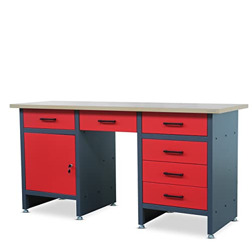 Jan Nowak Werkbank mit Arbeitsplatte Werktisch mit 6 Schubladen Schließfach Verstellbare Füße MDF-Arbeitsplatte Belastbar bis 500 kg Metall 170 cm x 60 cm x 85 cm Anthrazit-Rot Jan Nowak Werkbank mit Arbeitsplatte Werktisch mit 6 Schubladen Schließfach Verstellbare Füße MDF-Arbeitsplatte Belastbar bis 500 kg Metall 170 cm x 60 cm x 85 cm Anthrazit-Rot von Jan Nowak