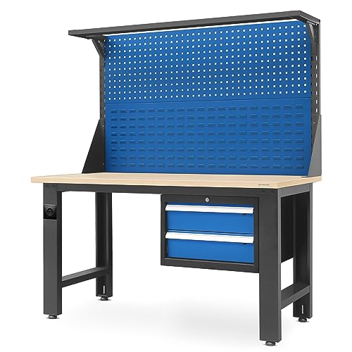 Jan Nowak Werkbank mit Werkzeuglochwand Werktisch mit 2 Schubladenc Steckdose Metall MDF Tischplatte Belastbar bis 600 kg Pulverbeschichtung 170 cm x 150 cm x 75 cm (Anthrazit-Blau) von Jan Nowak