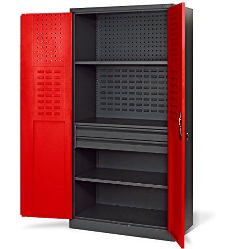 Jan Nowak Werkzeugschrank TC02AM Werkstattschrank mit Schubladen Flügeltüren Metallschrank 3 Fachböden Pulverbeschichtung 185 cm x 92 cm x 50 cm (Rot) von Jan Nowak