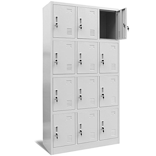 Jan Nowak Wertfachschrank 3B4A Fächerschrank Schließfachschrank mit 12 Fächern Metallspind Umkleideschrank Stahlblech Pulverbeschichtung Farbwahl 185 cm x 90 cm x 40 cm (H x B x T) (Grau) von Jan Nowak