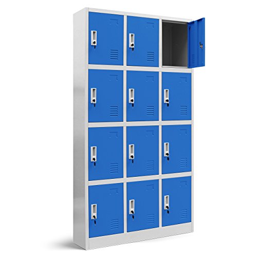 Jan Nowak Wertfachschrank 3B4A Fächerschrank Schließfachschrank mit 12 Fächern Metallspind Umkleideschrank Stahlblech Pulverbeschichtung Farbwahl 185 cm x 90 cm x 40 cm (H x B x T) (Grau-Blau) von Jan Nowak