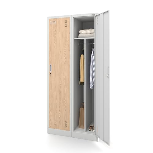 Stahlspind Garderobenschrank Spind Kleiderspind Doppelspind 2 Abteile Flügeltüren Trennwand Pulverbeschichtung 180 cm x 80 cm x 50 cm (H x B x T) (weiß-holzoptik) von Jan Nowak