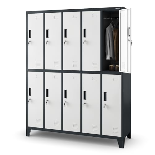 Umkleideschrank 5B2A Spind Spint Schließfachschrank Metallschrank mit 10 Fächern Etikettenhalter Lüftungsschlitze Metall Pulverbeschichtet 172 cm x 136 cm x 45 cm (H x B x T) (Anthrazit-Weiß) von Jan Nowak