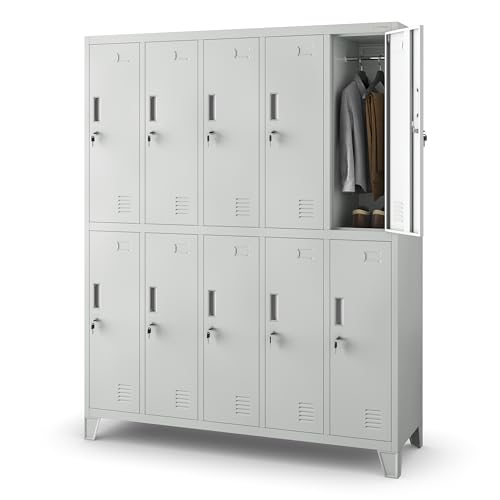 Jan Nowak Umkleideschrank 5B2A Spind Spint Schließfachschrank Metallschrank mit 10 Fächern Etikettenhalter Lüftungsschlitze Metall Pulverbeschichtet 172 cm x 136 cm x 45 cm (H x B x T) (Grau) von Jan Nowak